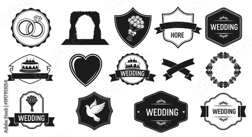 A collection of wedding-themed badges featuring rings, cakes, flowers, hearts, and doves