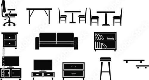 Furniture pieces such as chairs, tables, sofas, and storage units in a minimalist black style.