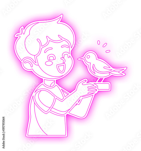 Child holding bird friendship neon outline icon