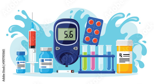 Illustration of diabetes management items: glucose meter reading 5.6, syringe, insulin vials, pill pack, test tubes, and prescription bottle on blue splash background.