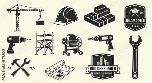 A collection of construction-related icons including tools, helmets, a crane, and building blocks
