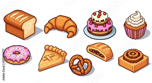 A colorful assortment of baked goods including bread, croissants, cupcakes, and pastries