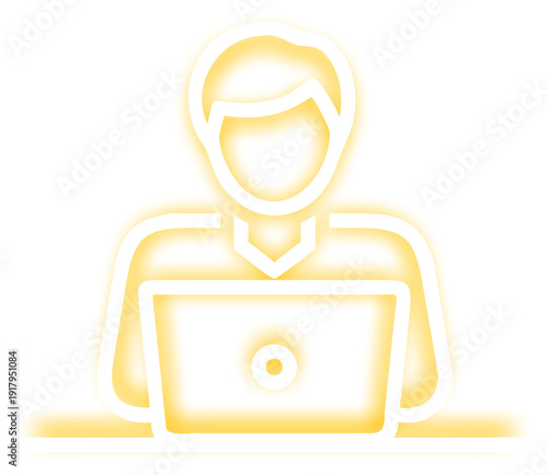Man using laptop neon glowing outline icon
