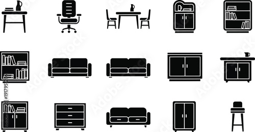 Furniture pieces such as chairs, tables, sofas, and storage units in a minimalist black style.