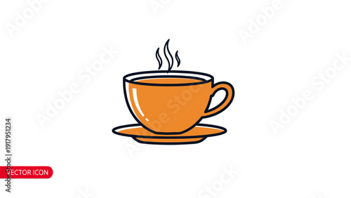 A stylized orange coffee cup with steam rising, on a saucer. Outlined and on white background