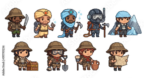 A group of adventurous characters in diverse outfits, showcasing exploration themes and tools
