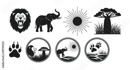 Various wildlife silhouettes including a roaring lion, an elephant, a sun, and a baobab tree