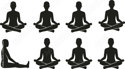 Meditation Yoga Silhouette Set with Multiple Lotus Pose Positions for Mindfulness, Relaxation, Spiritual Balance and Wellness Concept