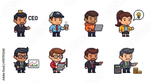 A collection of pixel art characters representing various business roles and scenarios
