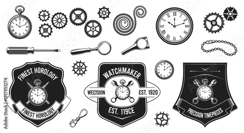Vintage-style collage featuring clocks, gears, tools, and watchmaker emblems, emphasizing horology
