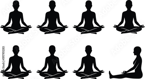 Meditation Silhouette Set with Lotus Pose and Seated Stretch Position for Yoga and Wellness Concept