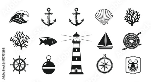 A collection of nautical symbols including waves, anchors, a lighthouse, and marine life illustrations