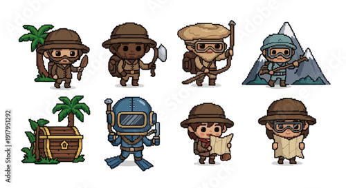 Eight whimsical explorers in diverse outfits, showcasing their tools and settings in adventurous poses