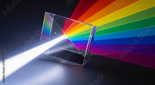 White light beam splitting into rainbow spectrum through a glass prism.