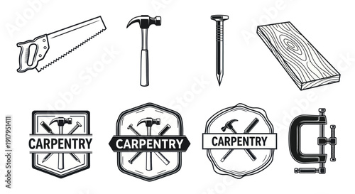 A variety of carpentry tools including a saw, hammer, nail, wood plank, and logos depicting carpentry