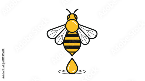 A yellow and black bee, with a drop of honey falling below it, on a white background