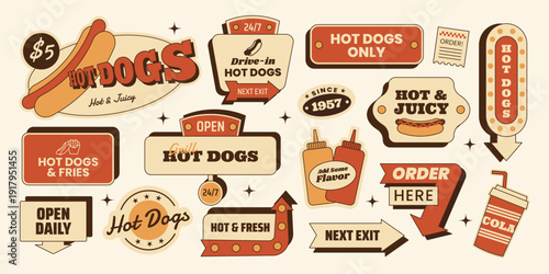 Retro hot dog sticker roadsign set with fast food, signs, arrows and badges. Street food elements for menus, branding, posters. Vector illustration in vintage mid century 50s style