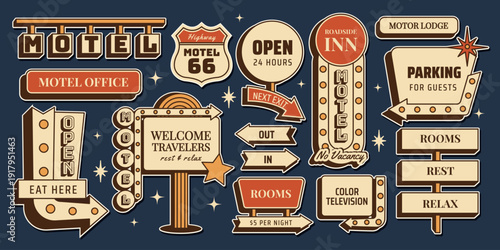 Retro motel signs sticker set by classic American roadside and Route culture. Night motel signboards, parking, rooms and road directions in vintage midcentury 1950s style. Vector illustration