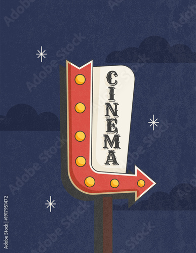 Retro roadside vertical poster cinema sign with bold vintage typography and arrow. Vector illustration in mid century 50s style for print, wall decor, covers and nostalgic design projects
