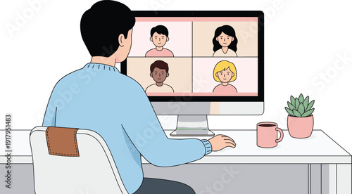 Man Attending Online Video Conference on Desktop Computer Remote Work and Virtual Meeting Concept Illustration