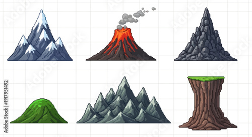 A collection of six pixel art mountain formations, including snowy peaks, a volcano, and a stump