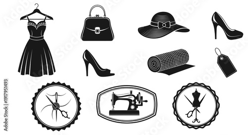 A collection of fashion elements including a dress, shoes, accessories, fabric, and sewing tools