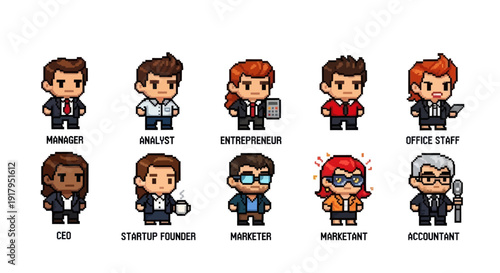 A collection of pixel art characters representing various business roles in a playful style