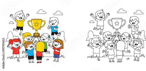 Vector illustration of happy diverse children celebrating victory and success with a golden trophy cup, including a colored version and a black and white coloring page outline for kids.