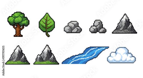 A pixel art collection of natural elements including trees, leaves, rocks, mountains, water, and clouds