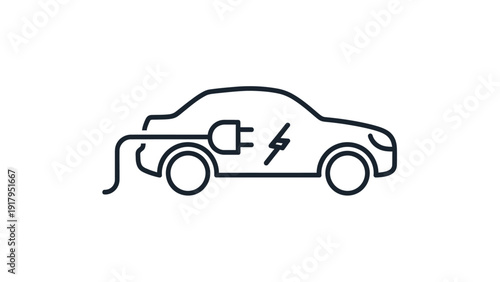 Black outline illustration of an electric car with a charging cable and lightning bolt inside