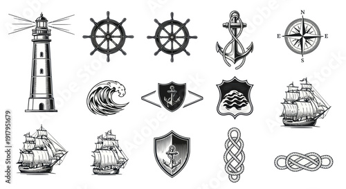 A collection of nautical-themed illustrations featuring lighthouses, ships, anchors, and waves