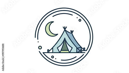 A camping tent and crescent moon graphic within a circular frame with dots