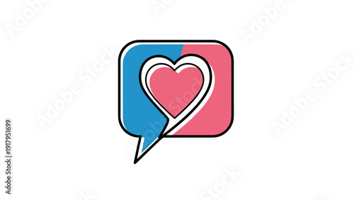 A speech bubble icon divided by color, with a nested heart in the center