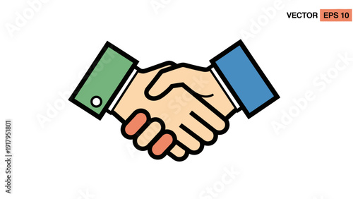 A vector graphic depicts a handshake with hands in different colored sleeves