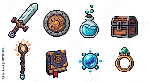 A collection of fantasy-themed pixel art items, including a sword, shield, potion, and treasure chest
