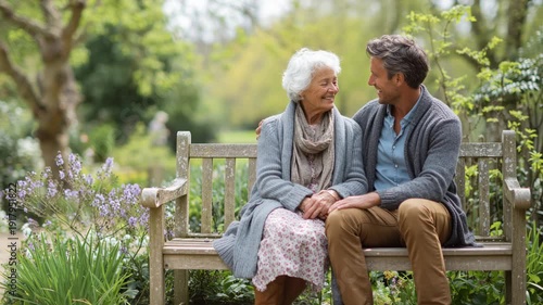 Adult Son Sharing Warm Conversation with Elderly Mother on Park Bench, Heartfelt Mother’s Day Tribute Video