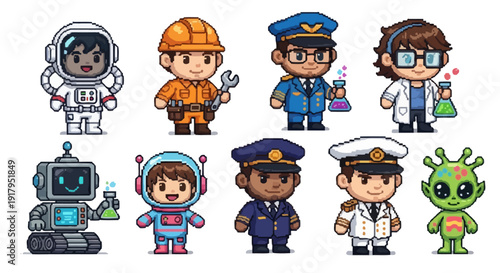A whimsical collection of characters in various professions, including astronauts, pilots, and aliens