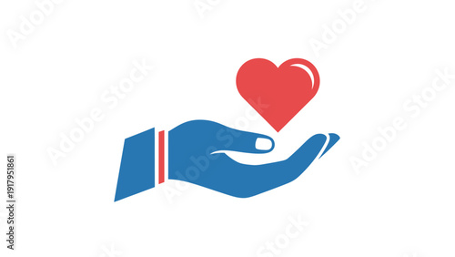 A stylized hand, blue with red accents, cradles a red heart. White background