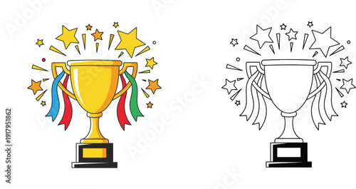 Golden Trophy Cup Illustration with Stars and Ribbons, Celebration Award Icon for Success and Achievement, Includes Line Art Coloring Page Version for Kids Activity and Sports Events