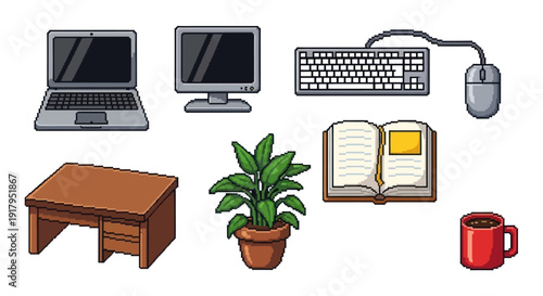 A workspace featuring a laptop, desktop, keyboard, mouse, desk, potted plant, book, and mug