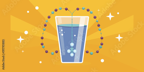 A glass of water with a rosary on a golden background with bokeh lights

