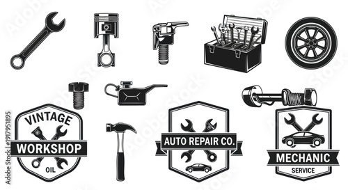 A collection of vintage automotive tools and logos showcasing a mechanic workshop theme
