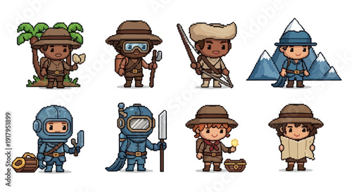 A group of eight playful pixel-art adventurers, each with unique gear and settings, exploring