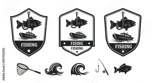 Three fishing-themed badges with stylized fish, boats, and fishing equipment illustrations