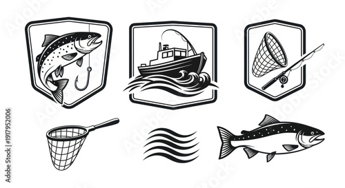 A collection of fishing-themed graphics showcasing fish, a boat, a fishing net, and waves