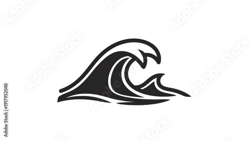 A stylized, black and white wave cresting, featuring multiple peaks and curved lines