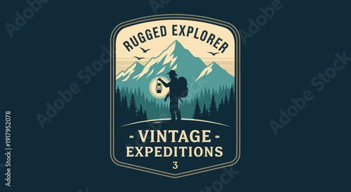 A silhouette of a hiker holding a lantern against a backdrop of mountains and pine trees