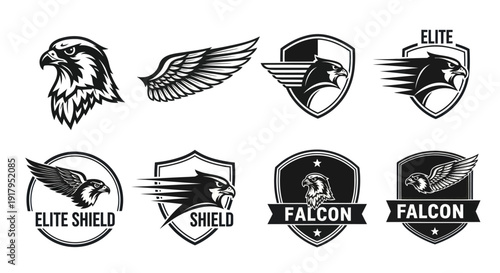 A collection of stylized bird logos featuring falcons and eagles with shield elements in monochrome