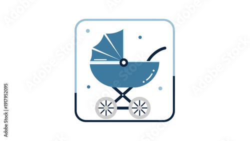 A blue stroller icon within a rounded square, simple design, dots in corners, white background