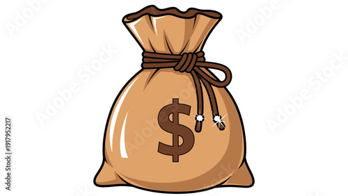 A cartoon-style brown money bag, tied with a drawstring and a dollar sign on front